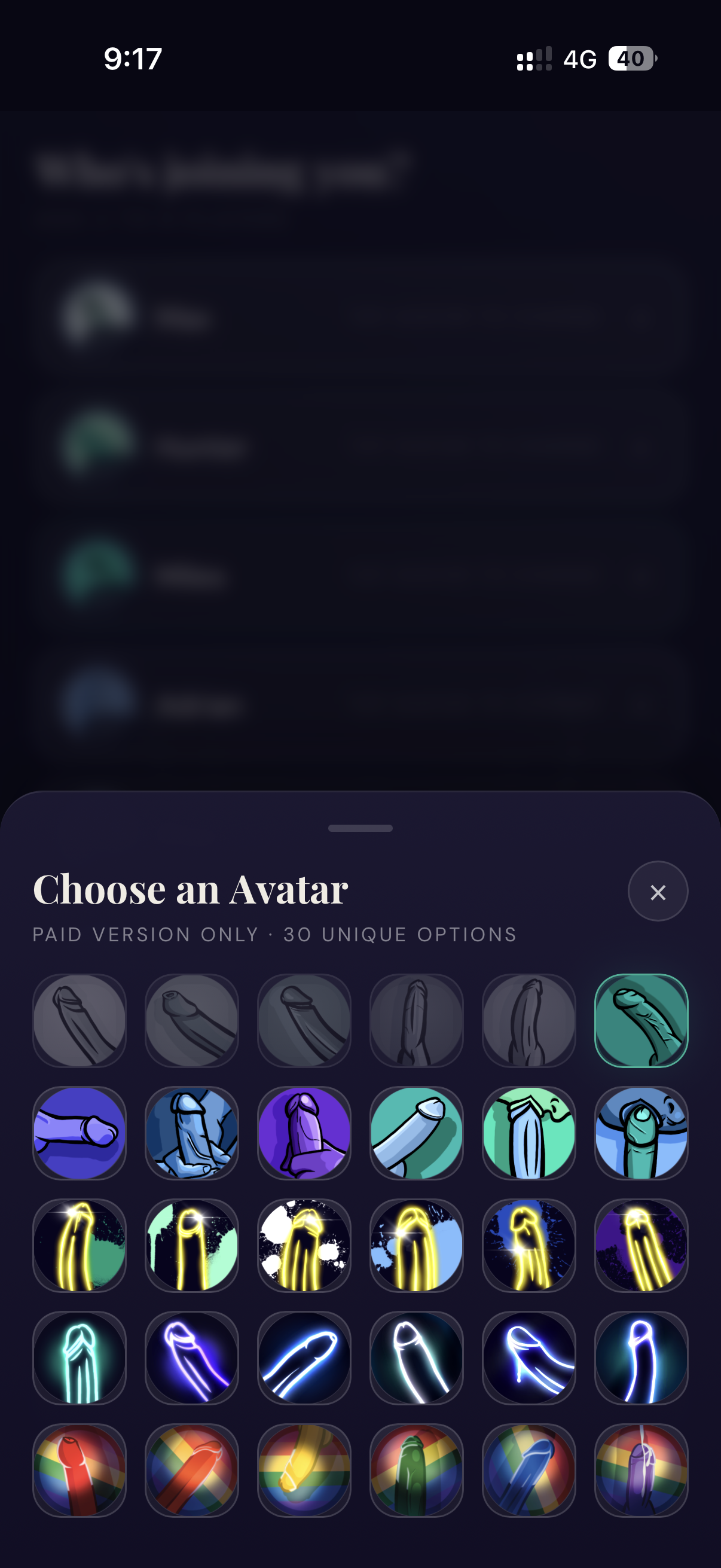 Avatar selection screen