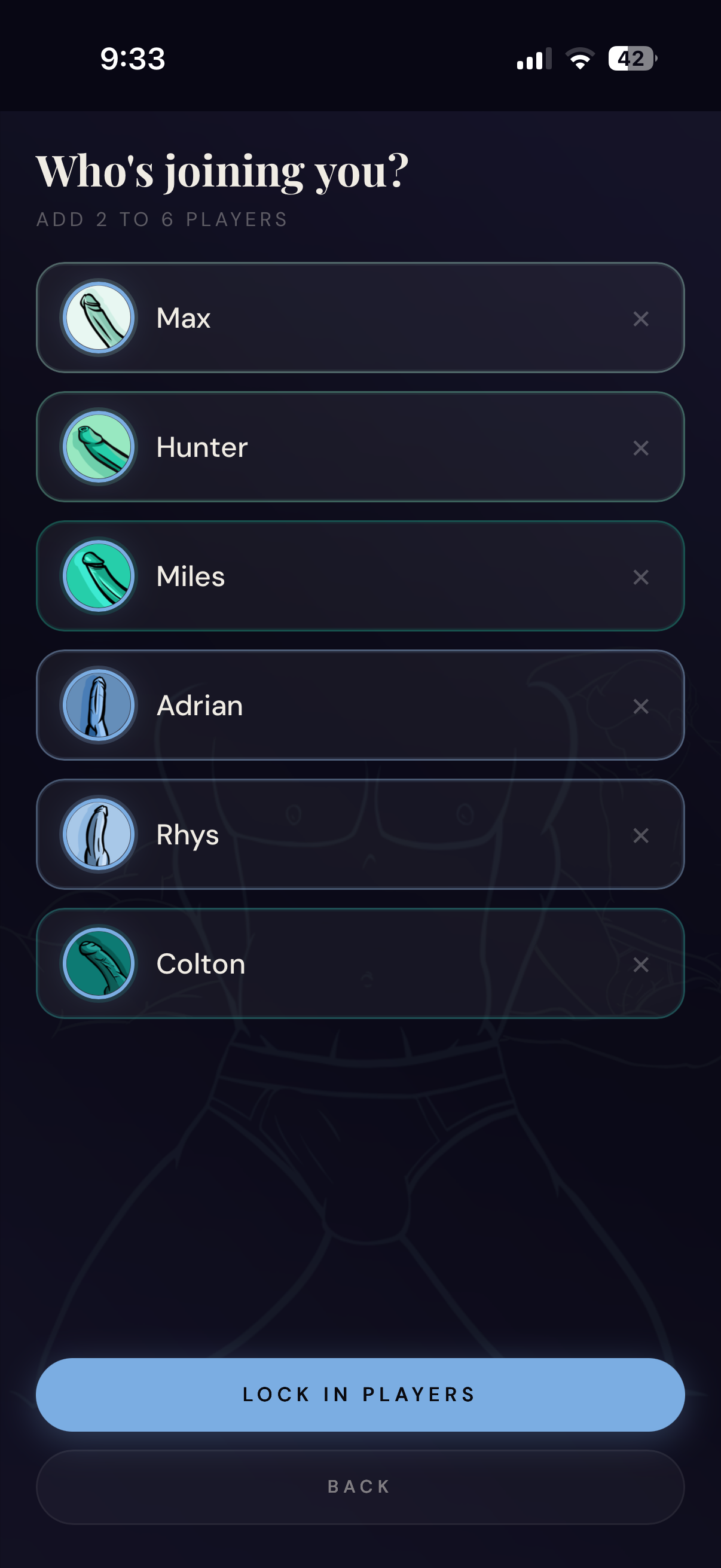 Player setup screen